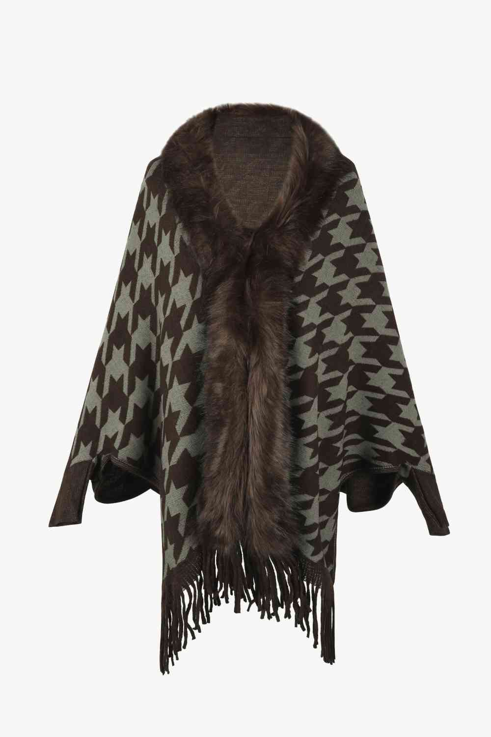 Elegant Houndstooth Fringe Trim Poncho for Chic Style