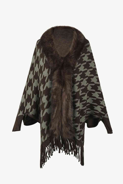 Elegant Houndstooth Fringe Trim Poncho for Chic Style