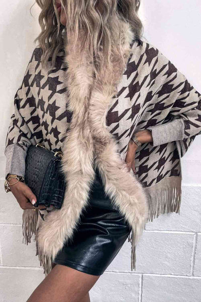 Elegant Houndstooth Fringe Trim Poncho for Chic Style