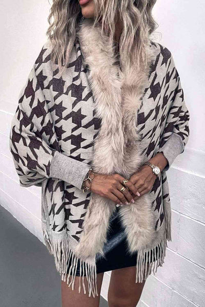 Elegant Houndstooth Fringe Trim Poncho for Chic Style