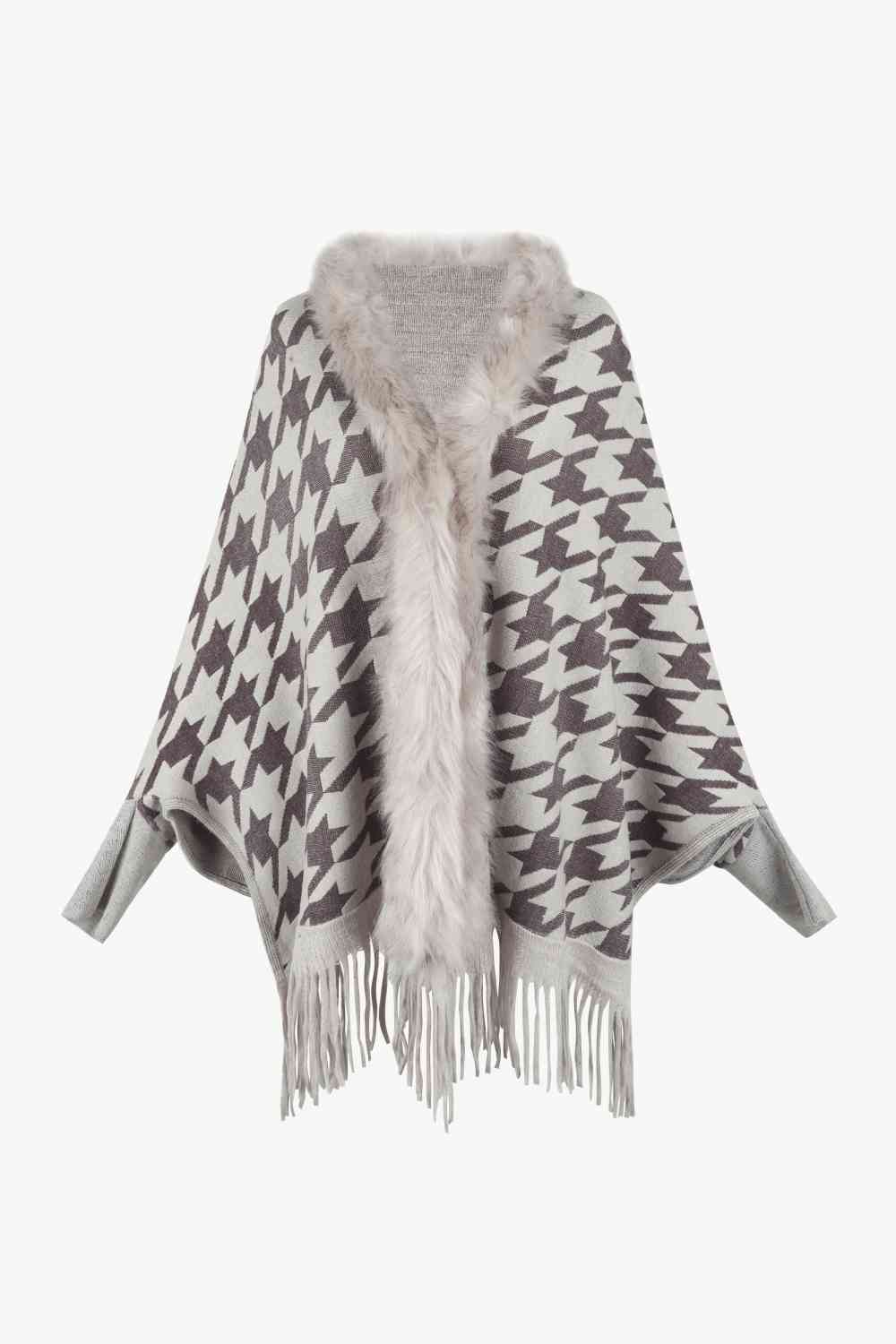 Elegant Houndstooth Fringe Trim Poncho for Chic Style