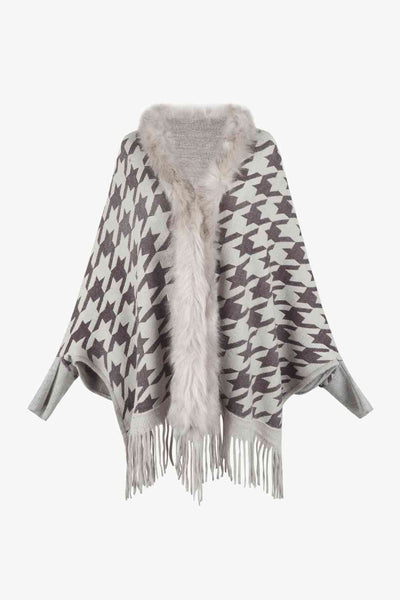 Elegant Houndstooth Fringe Trim Poncho for Chic Style