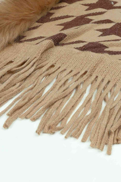 Elegant Houndstooth Fringe Trim Poncho for Chic Style