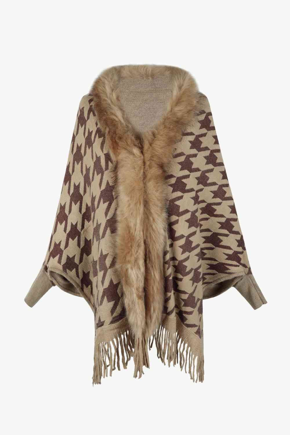Elegant Houndstooth Fringe Trim Poncho for Chic Style