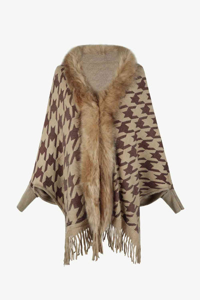 Elegant Houndstooth Fringe Trim Poncho for Chic Style