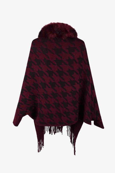 Elegant Houndstooth Fringe Trim Poncho for Chic Style
