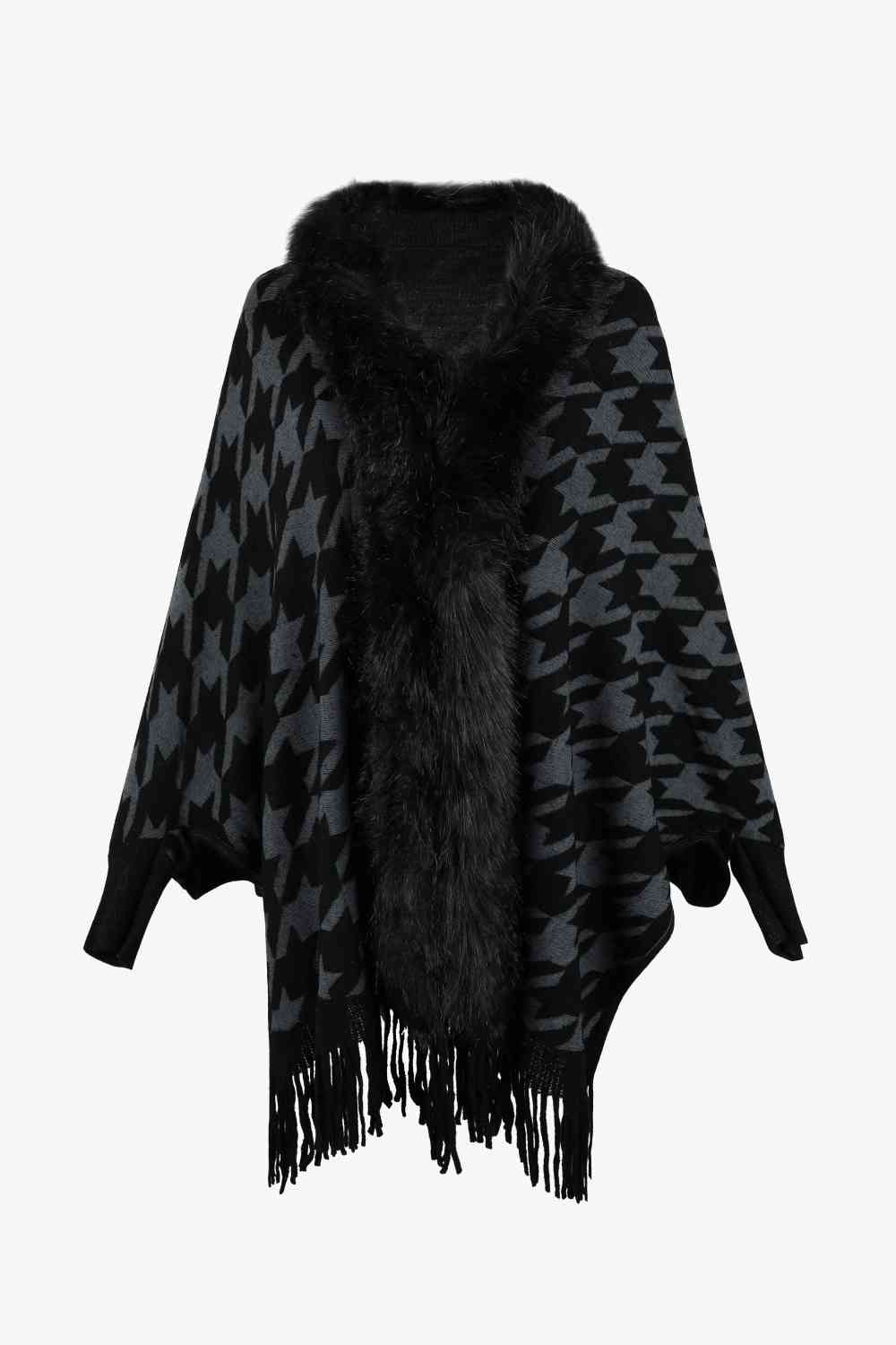 Elegant Houndstooth Fringe Trim Poncho for Chic Style