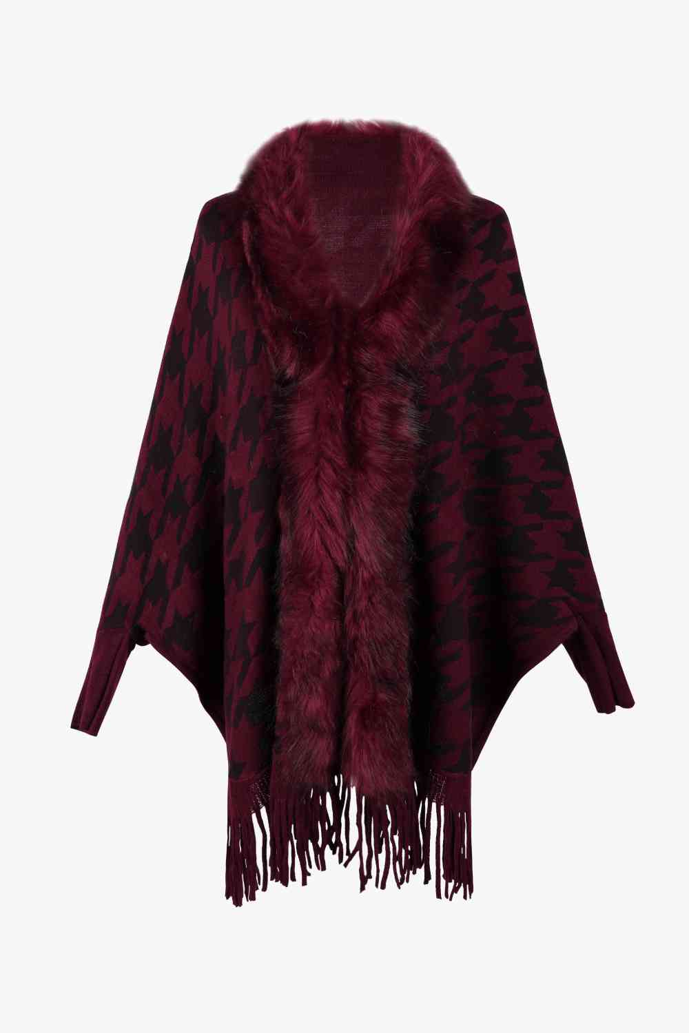 Elegant Houndstooth Fringe Trim Poncho for Chic Style