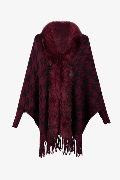 Elegant Houndstooth Fringe Trim Poncho for Chic Style