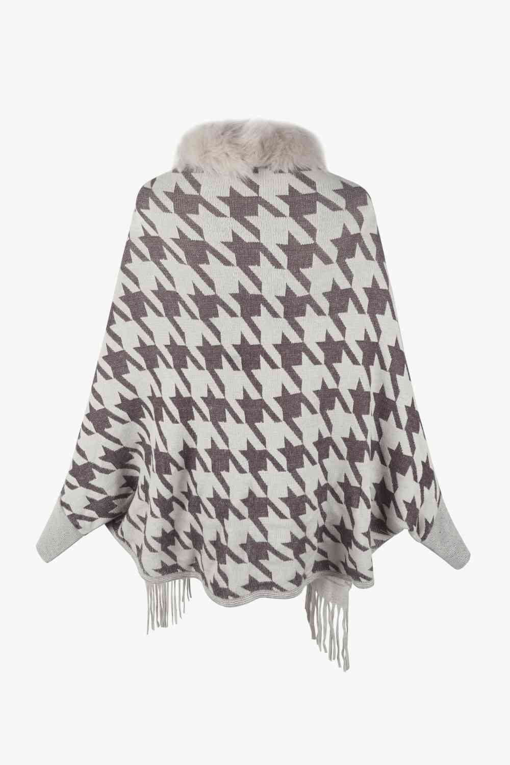 Elegant Houndstooth Fringe Trim Poncho for Chic Style