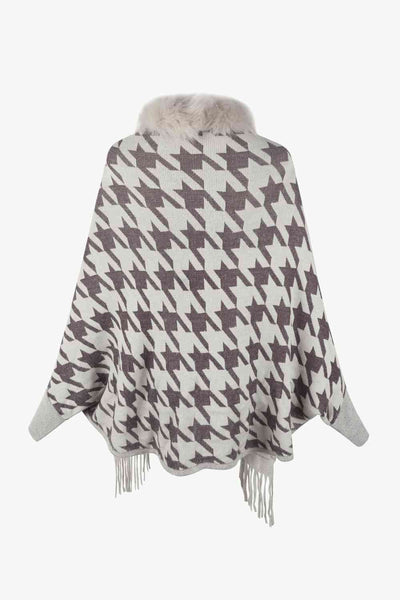 Elegant Houndstooth Fringe Trim Poncho for Chic Style