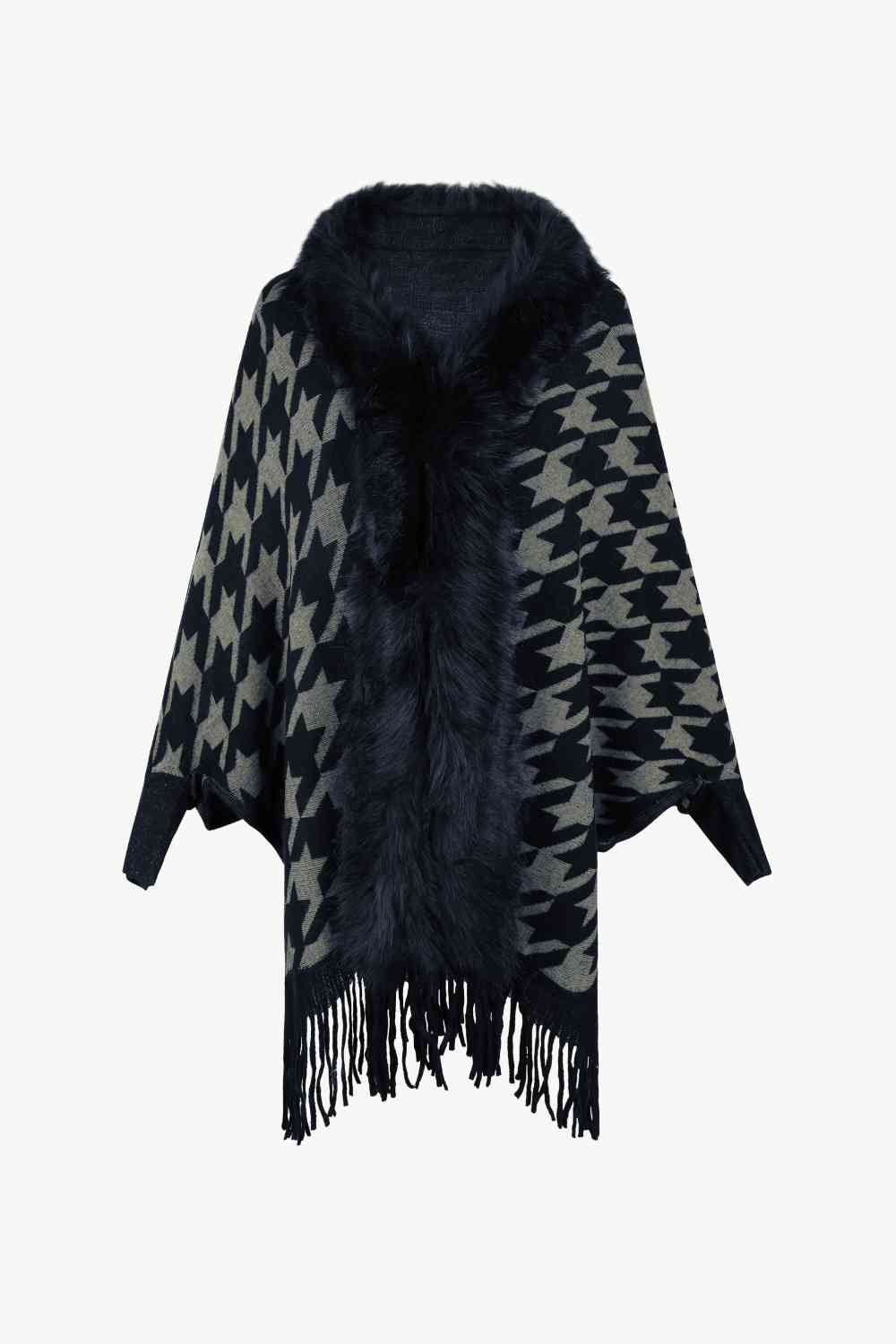 Elegant Houndstooth Fringe Trim Poncho for Chic Style