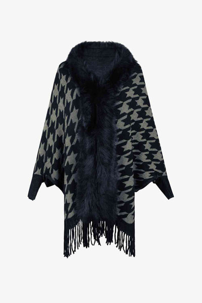Elegant Houndstooth Fringe Trim Poncho for Chic Style