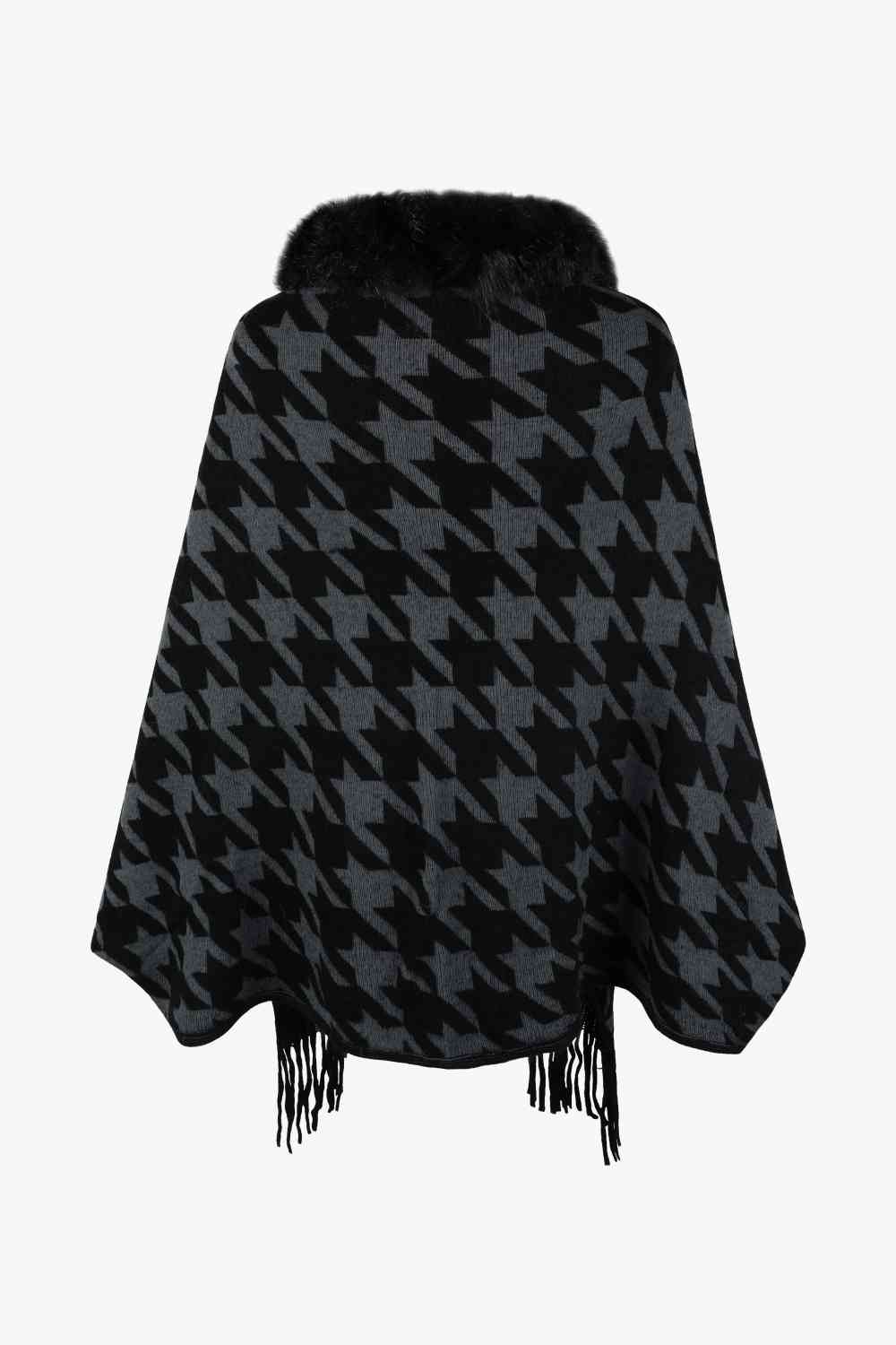 Elegant Houndstooth Fringe Trim Poncho for Chic Style