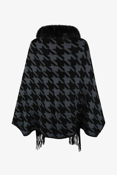 Elegant Houndstooth Fringe Trim Poncho for Chic Style