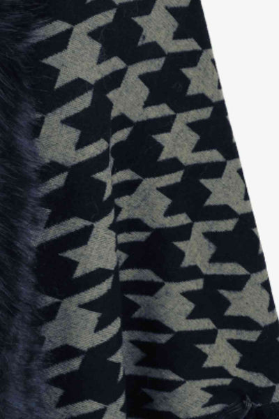 Elegant Houndstooth Fringe Trim Poncho for Chic Style