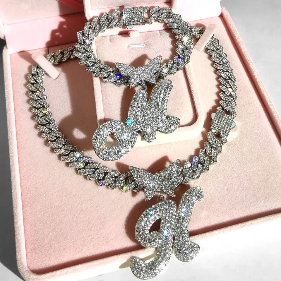 "Iced Out Butterfly Necklace and Bracelet Set - 2 Pieces"