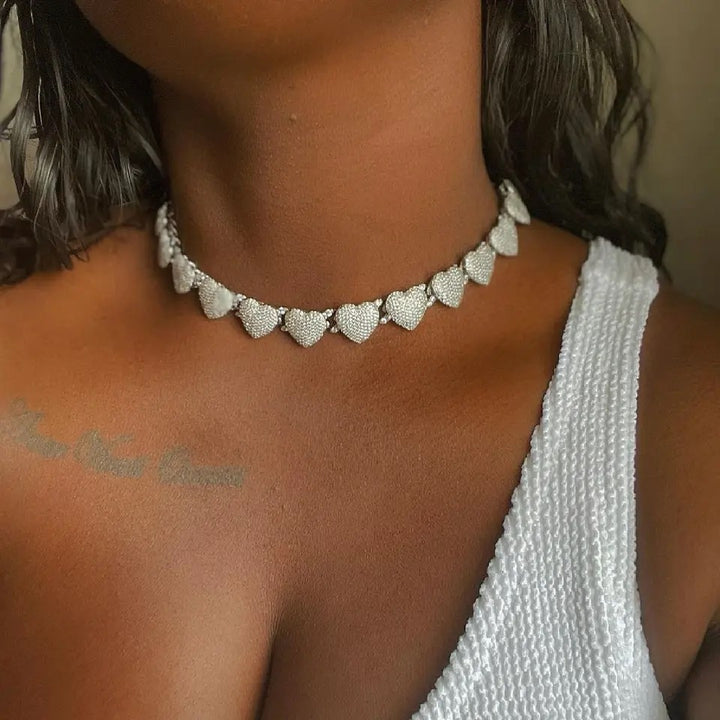 "Opulent Crystal Heart Link Cuban Choker Necklace Set - Sparkling Rhinestone Bling for Women's Fashion"