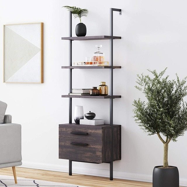Industrial Book Shelf with wood drawers and Matte Steel Frame