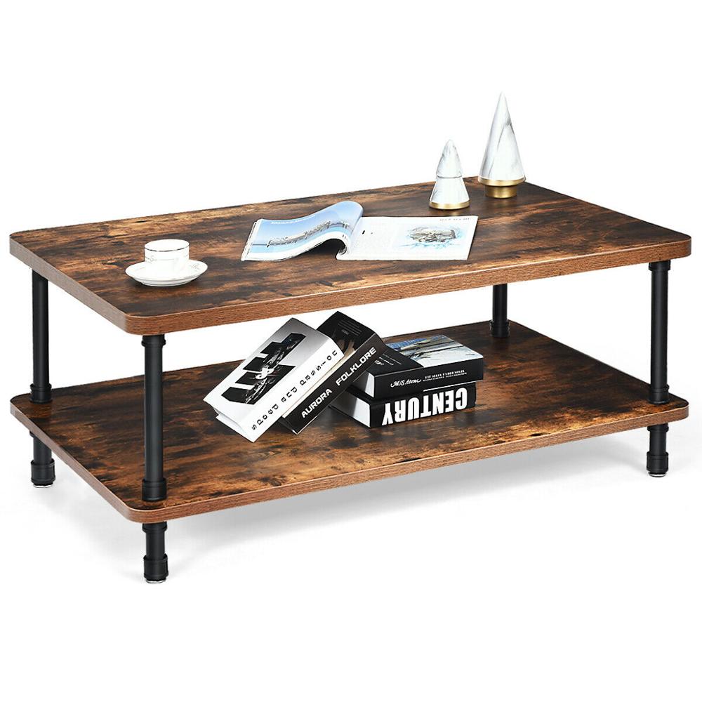 Industrial Coffee Table Rustic Accent Table Storage Shelf Living Room Furniture HW65713