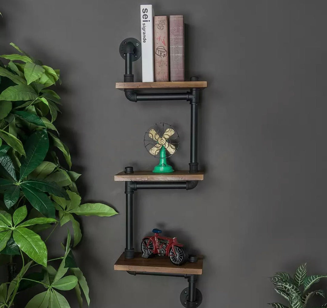 Industrial Iron 3 Tier Wall-Mounted Pipe Shelves Retro Solid Wood Shelf Living Room