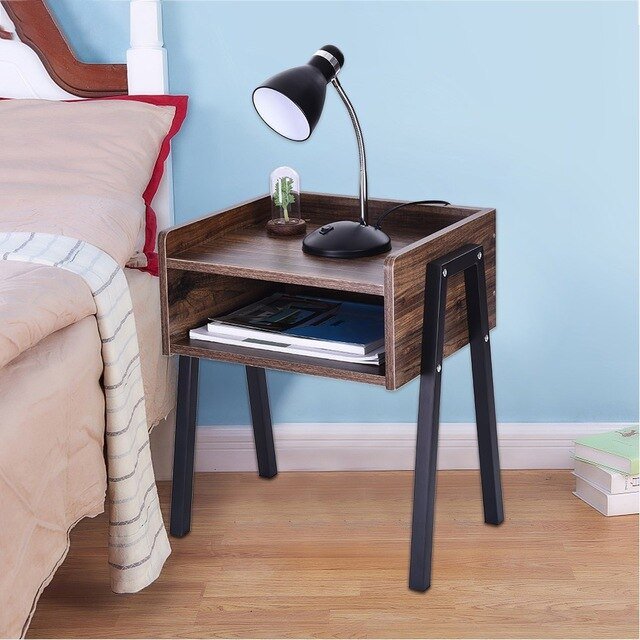Industrial Nightstand, Stackable End Table, Cabinet for Storage, Side Table for Small Spaces, Wood Look Accent Furniture Metal