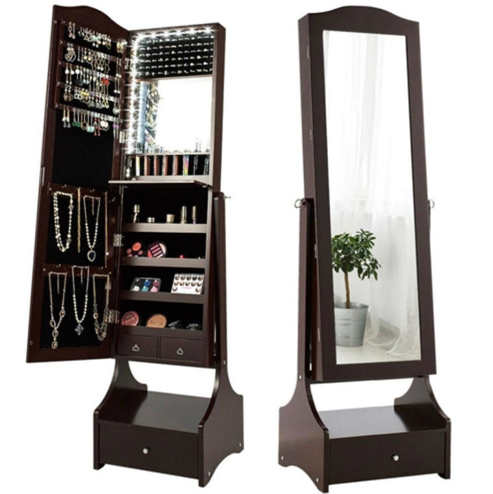 Jewelry Armoire Full Length Cheval Mirror with Tilt in Coffee Brown Wood Finish