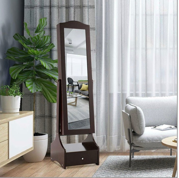 Jewelry Armoire Full Length Cheval Mirror with Tilt in Coffee Brown Wood Finish