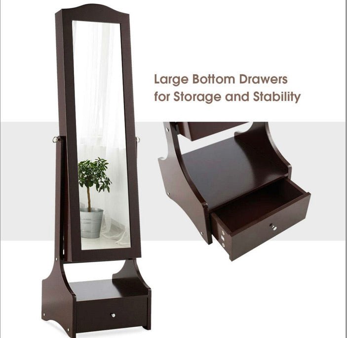 Jewelry Armoire Full Length Cheval Mirror with Tilt in Coffee Brown Wood Finish