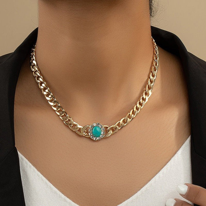 Jewelry With Diamonds Turquoise Necklace Female Personality Exaggerated Design Thick Chain Design Necklace