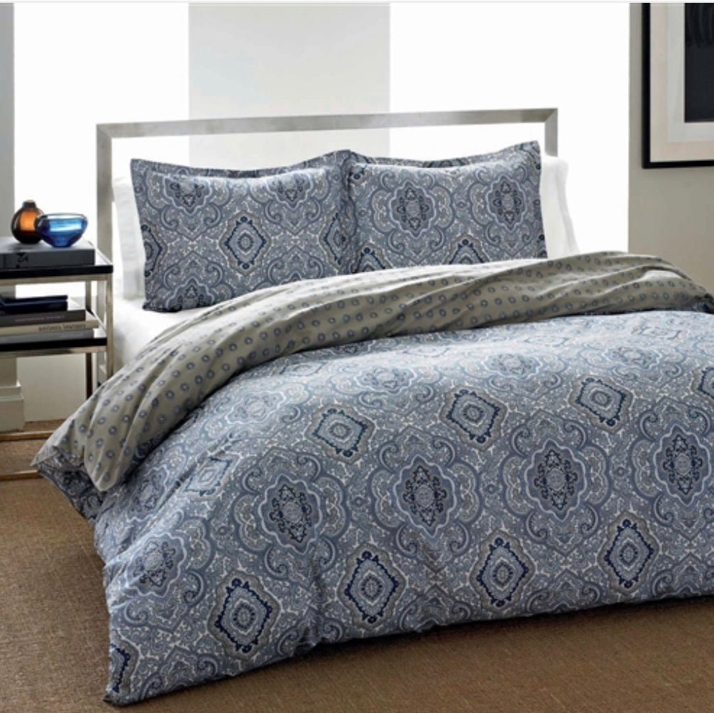 King 3-Piece Cotton Comforter Set with Blue Grey Damask Pattern