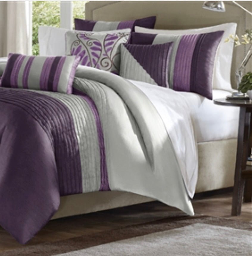 King size Bed in Bag Comforter Set Amethyst Plum Purple Gray Stripes