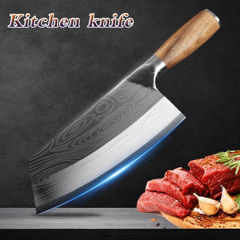 Kitchen Knife Damascus Laser Pattern Chinese Chef Knife Stainless Steel Butcher Meat Chopping Cleaver Knife Vegetable Cutter