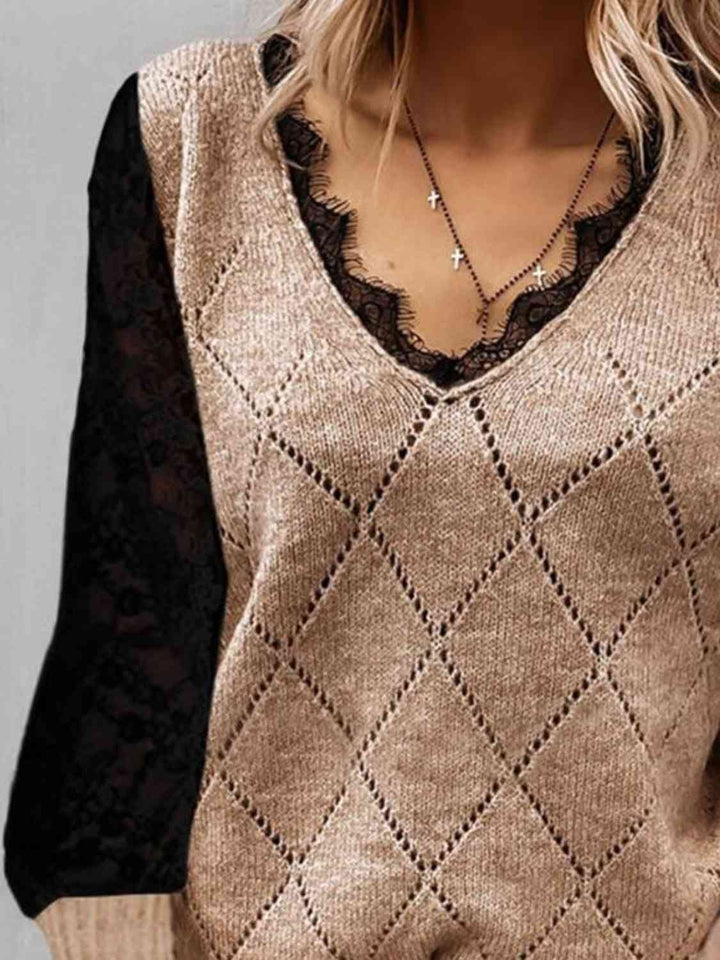 Elegant Lace Trim V Neck Two-Tone Knit Sweater