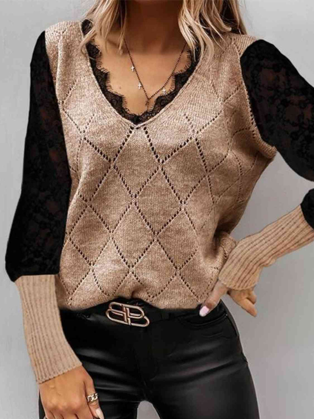 Elegant Lace Trim V Neck Two-Tone Knit Sweater