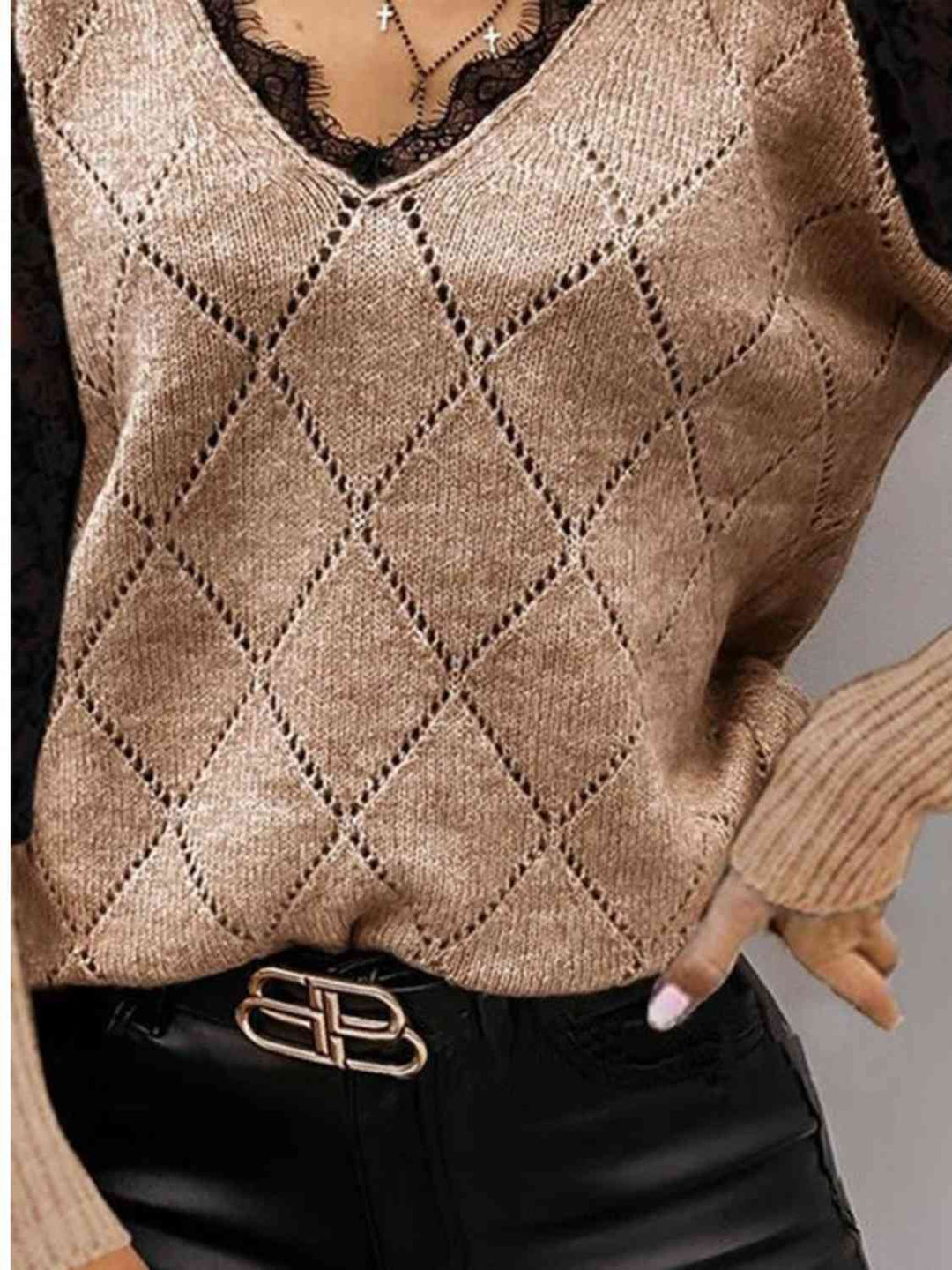 Elegant Lace Trim V Neck Two-Tone Knit Sweater