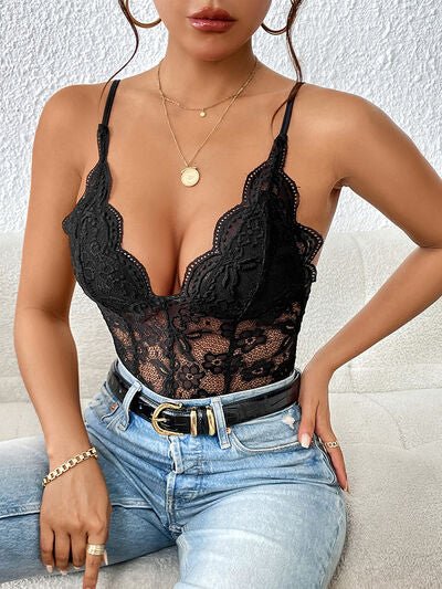 Sophisticated Lace V-Neck Bodysuit with Adjustable Spaghetti Straps