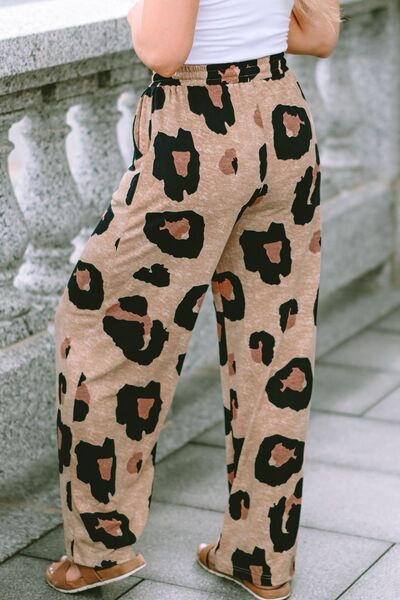 Chic Leopard Print Wide Leg Trousers with Handy Pockets