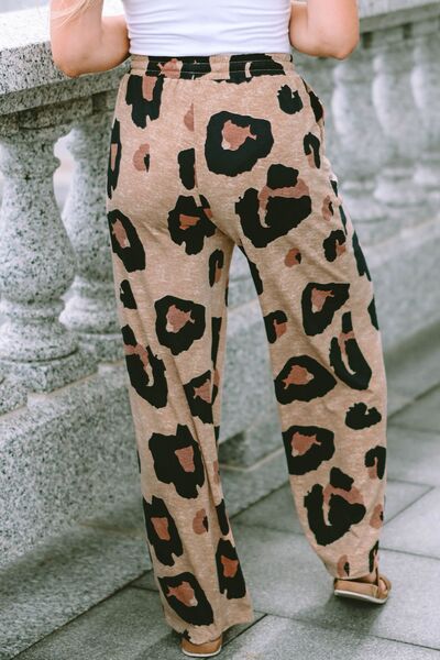 Chic Leopard Print Wide Leg Trousers with Handy Pockets