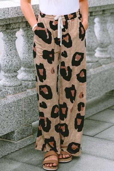 Chic Leopard Print Wide Leg Trousers with Handy Pockets