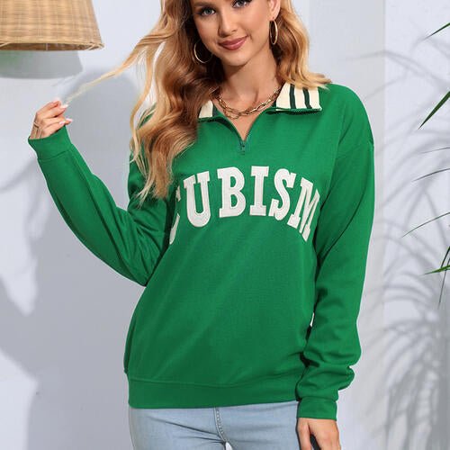 Trendy Letter Graphic Half Zip Blouse