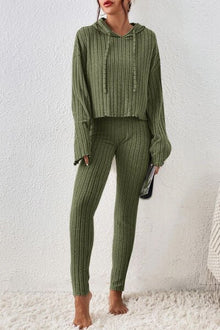 Chic Lettuce Hem Hooded Lounge Set with Relaxed Shoulders and Custom Fit Pants