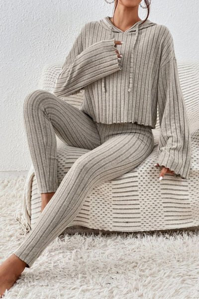 Chic Lettuce Hem Hooded Lounge Set with Relaxed Shoulders and Custom Fit Pants