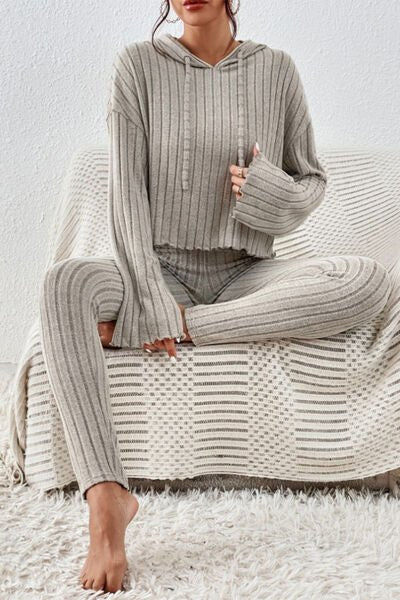 Chic Lettuce Hem Hooded Lounge Set with Relaxed Shoulders and Custom Fit Pants