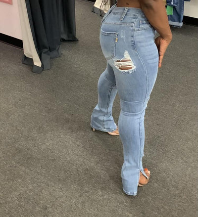 Light Blue High-Waisted Distressed Skinny Jeans for Women