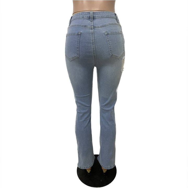 Light Blue Hight Waist Denim Pants Hollow Out Ripped Jeans for Women Sexy Skinny Hole Trousers Bottom Split Streetwear