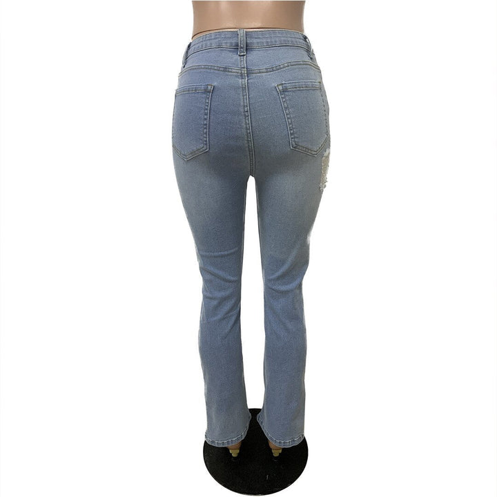 Light Blue High-Waisted Distressed Skinny Jeans with Unique Cut-Outs and Split Hem for Women