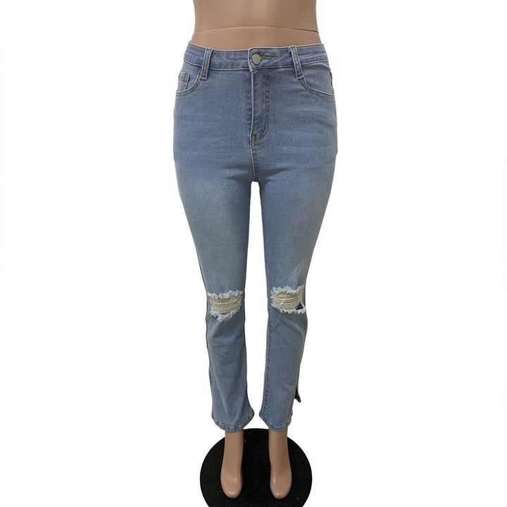 Light Blue High-Waisted Distressed Skinny Jeans with Unique Cut-Outs and Split Hem for Women