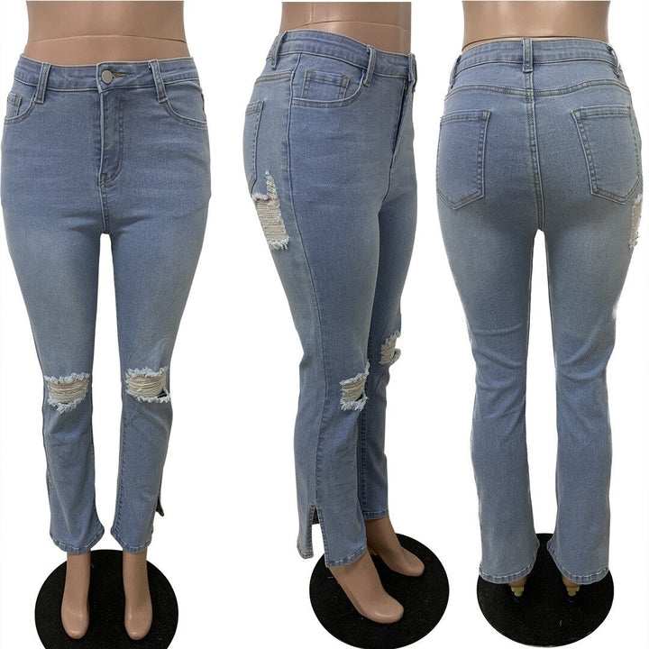 Light Blue High-Waisted Distressed Skinny Jeans with Unique Cut-Outs and Split Hem for Women