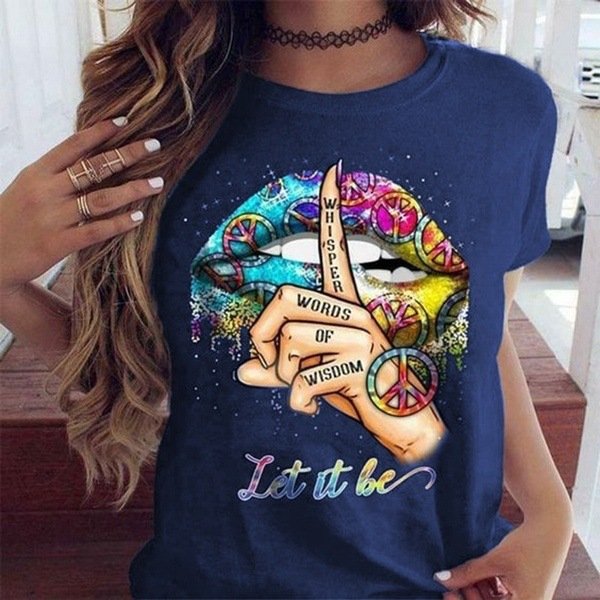 Chic Black O-Neck Watercolor Lips Tee for Women